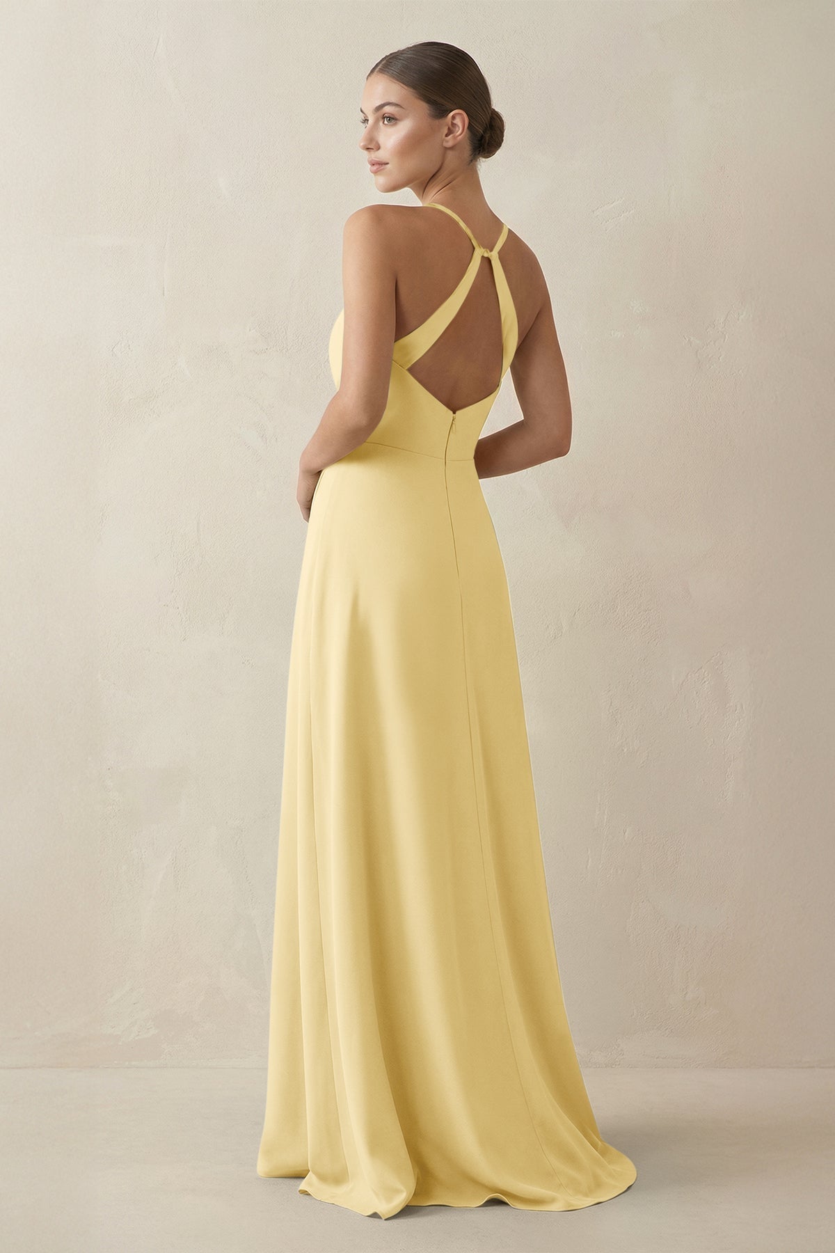 A-Line Chiffon Long Bridesmaid Dress With Slit in Pastel Yellow