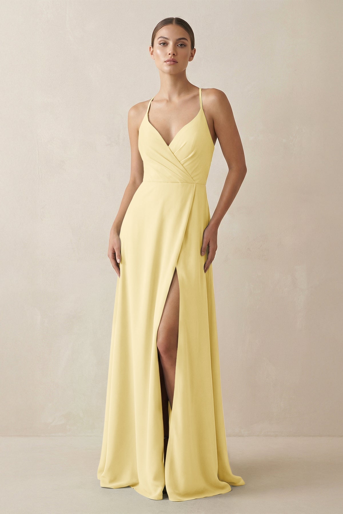 A-Line Chiffon Long Bridesmaid Dress With Slit in Pastel Yellow