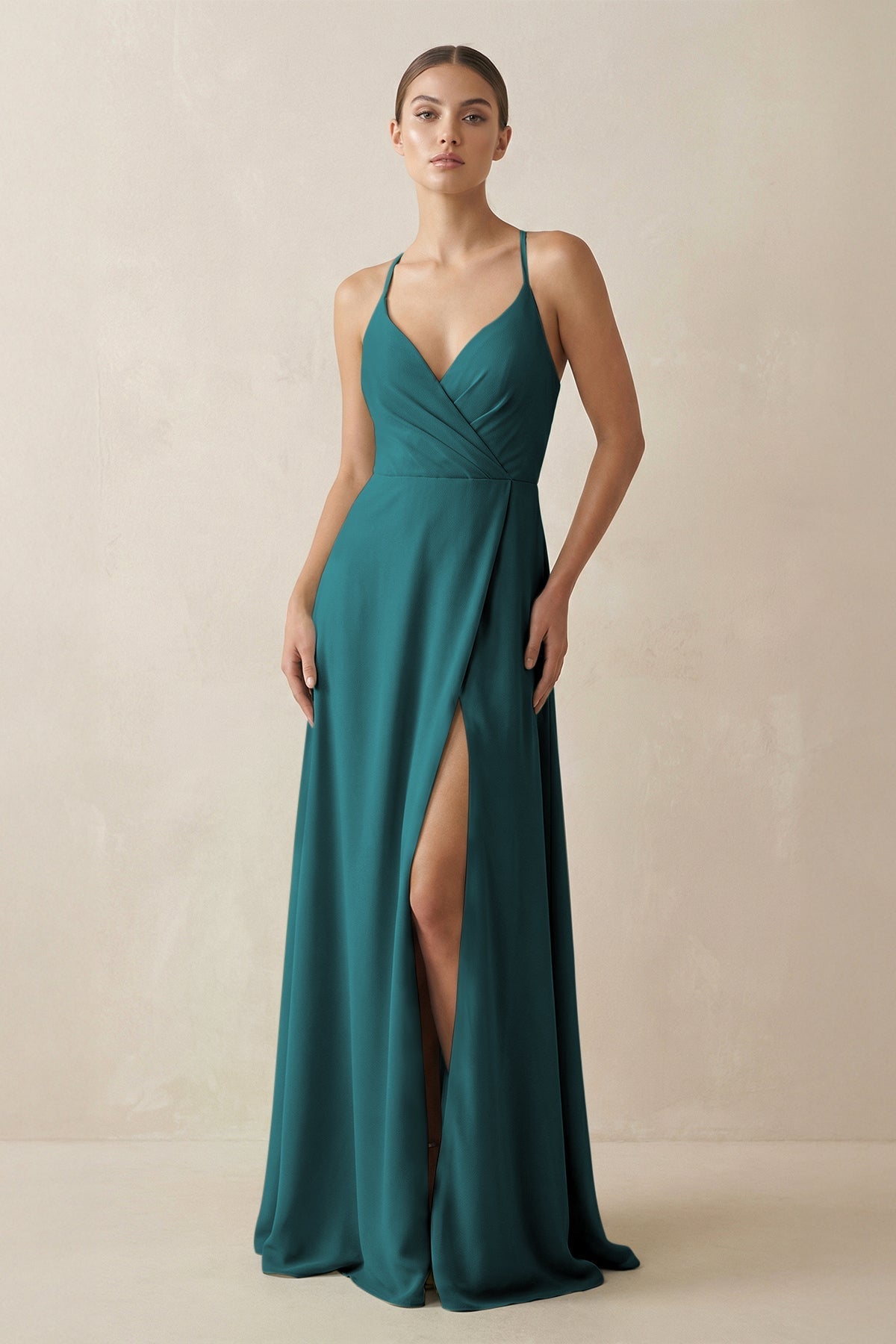 A-Line Chiffon Long Bridesmaid Dress With Slit in Pine