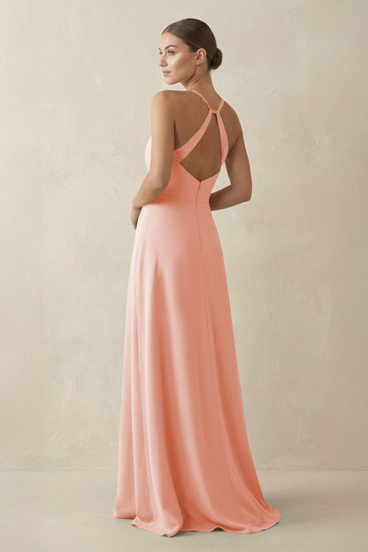 A-Line Chiffon Long Bridesmaid Dress With Slit in Rose Petal