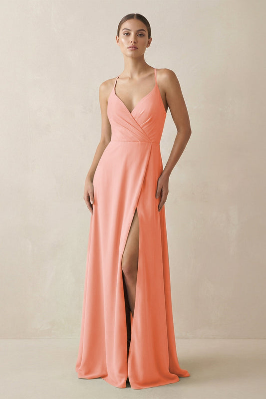 A-Line Chiffon Long Bridesmaid Dress With Slit in Rosette