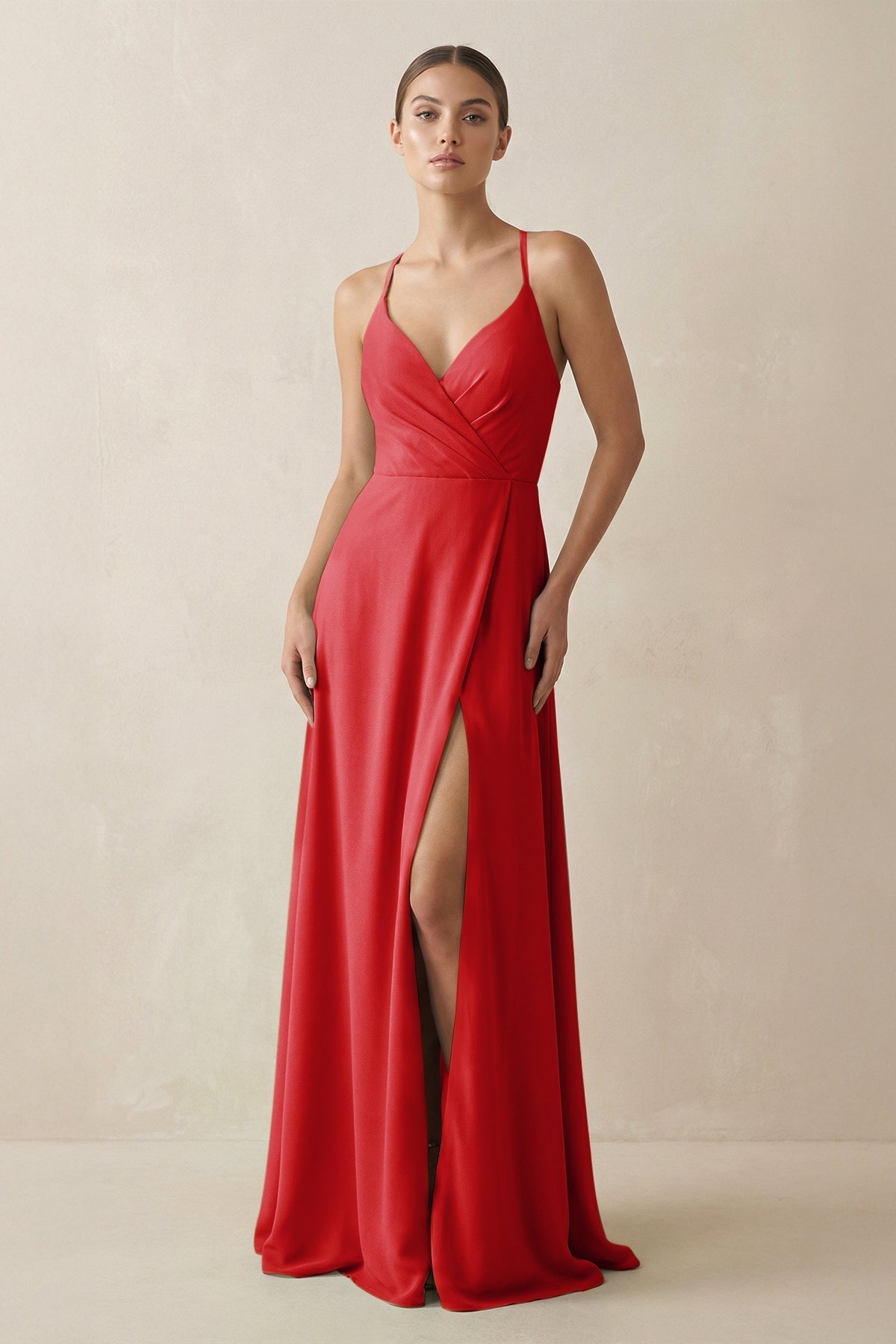 A-Line Chiffon Long Bridesmaid Dress With Slit in Ruby Red