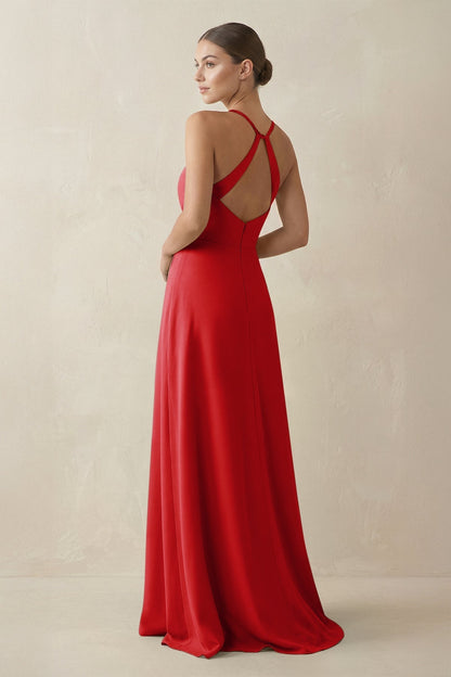 A-Line Chiffon Long Bridesmaid Dress With Slit in Ruby Red