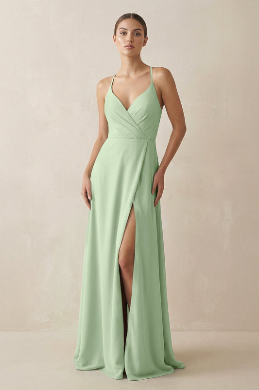 A-Line Chiffon Long Bridesmaid Dress With Slit in Sage