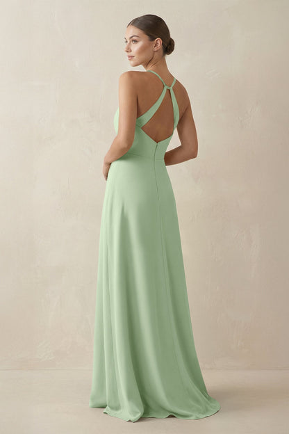 A-Line Chiffon Long Bridesmaid Dress With Slit in Sage