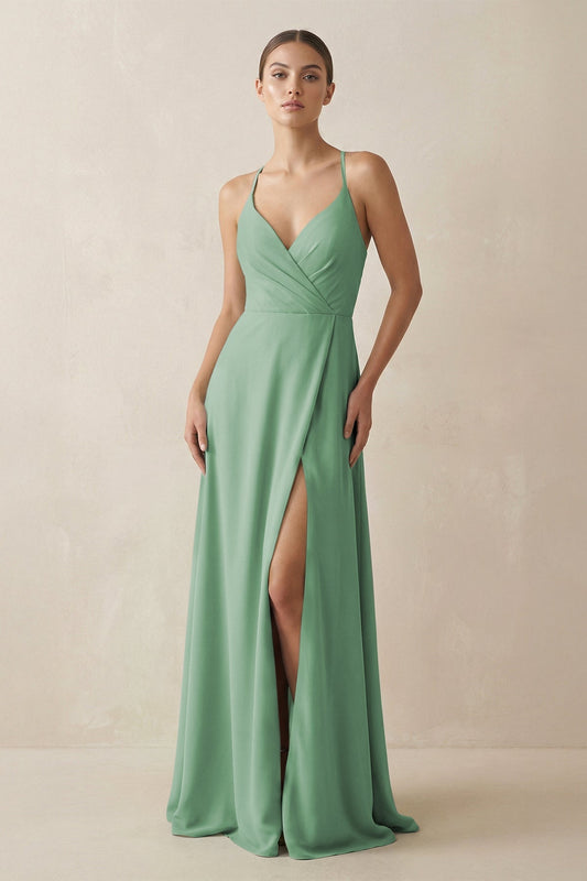 A-Line Chiffon Long Bridesmaid Dress With Slit in Sea Glass