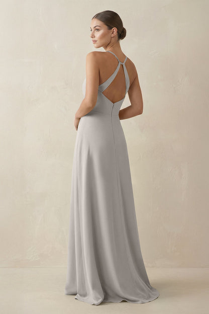 A-Line Chiffon Long Bridesmaid Dress With Slit in Silver