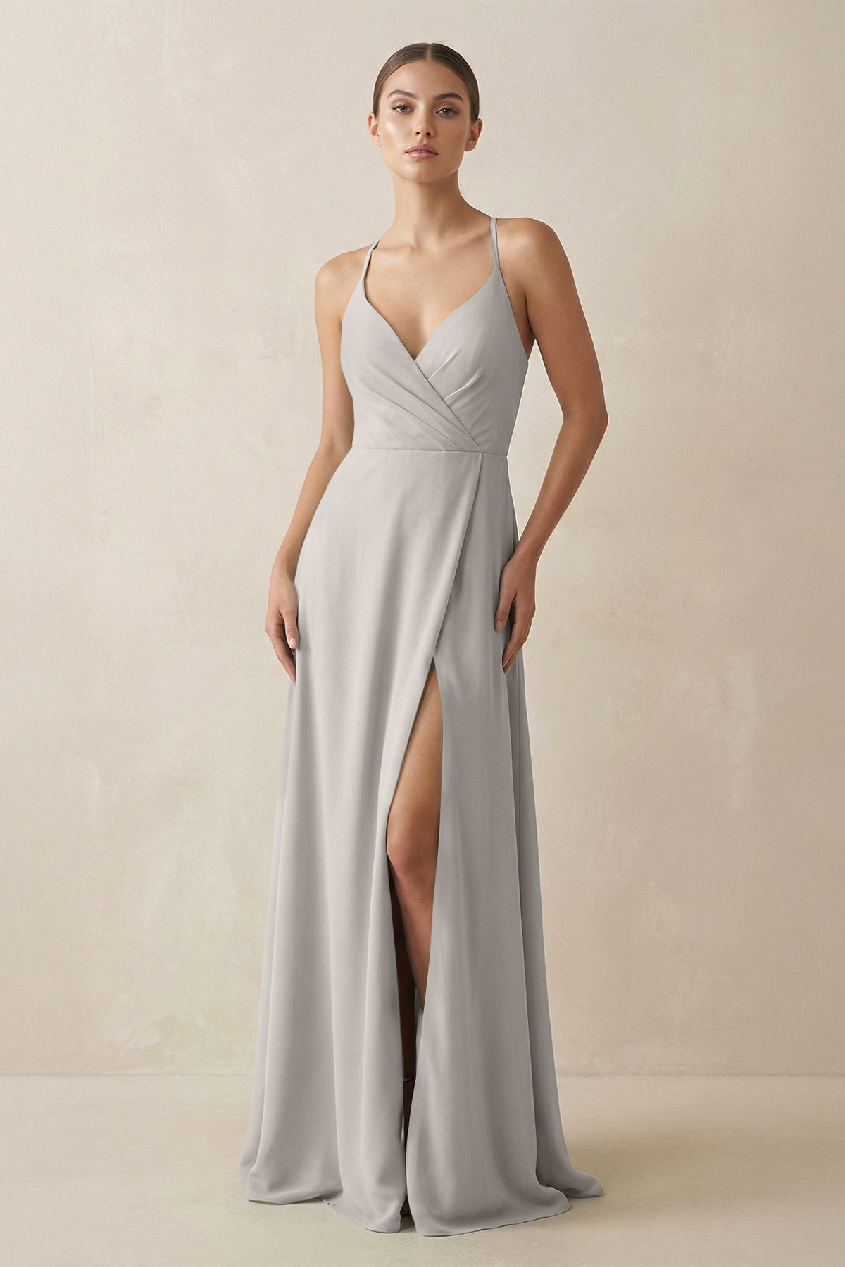 A-Line Chiffon Long Bridesmaid Dress With Slit in Silver