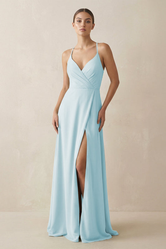 A-Line Chiffon Long Bridesmaid Dress With Slit in Sky Blue