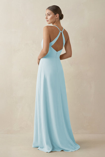 A-Line Chiffon Long Bridesmaid Dress With Slit in Sky Blue
