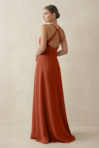 A-Line Chiffon Long Bridesmaid Dress With Slit in Spice
