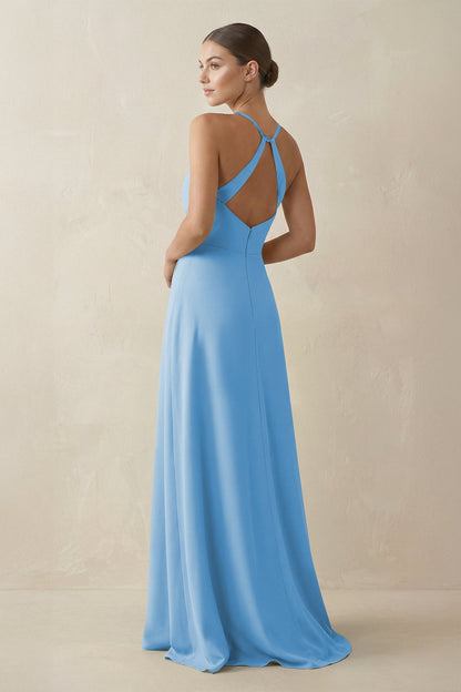 A-Line Chiffon Long Bridesmaid Dress With Slit in Steel Blue