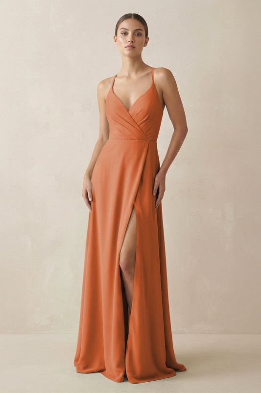 A-Line Chiffon Long Bridesmaid Dress With Slit in Terracotta