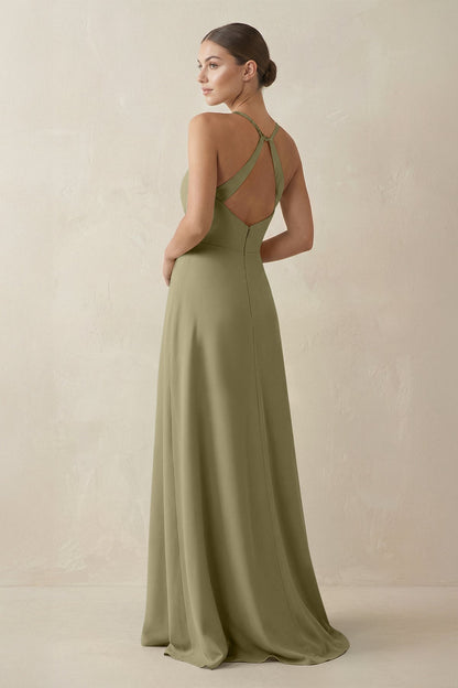 A-Line Chiffon Long Bridesmaid Dress With Slit in Thyme
