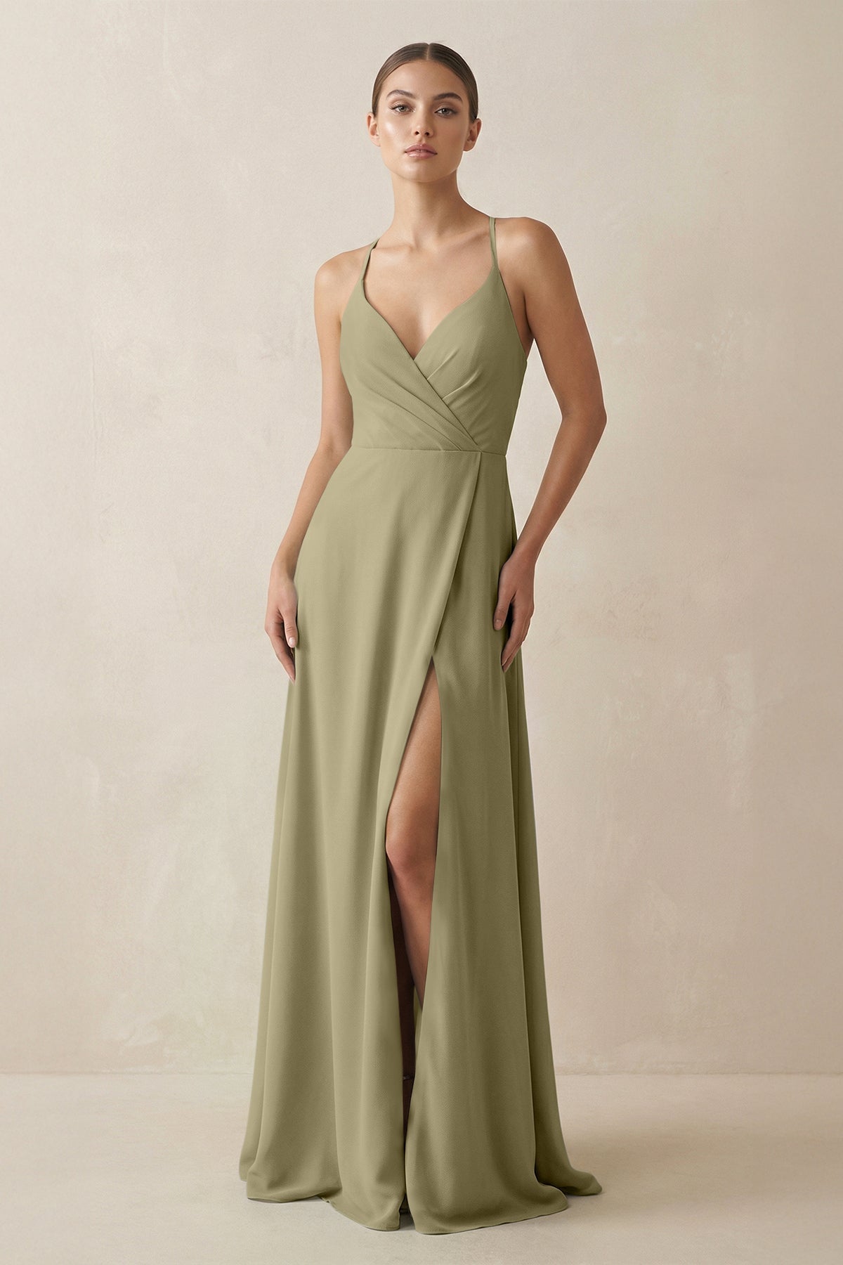 A-Line Chiffon Long Bridesmaid Dress With Slit in Thyme