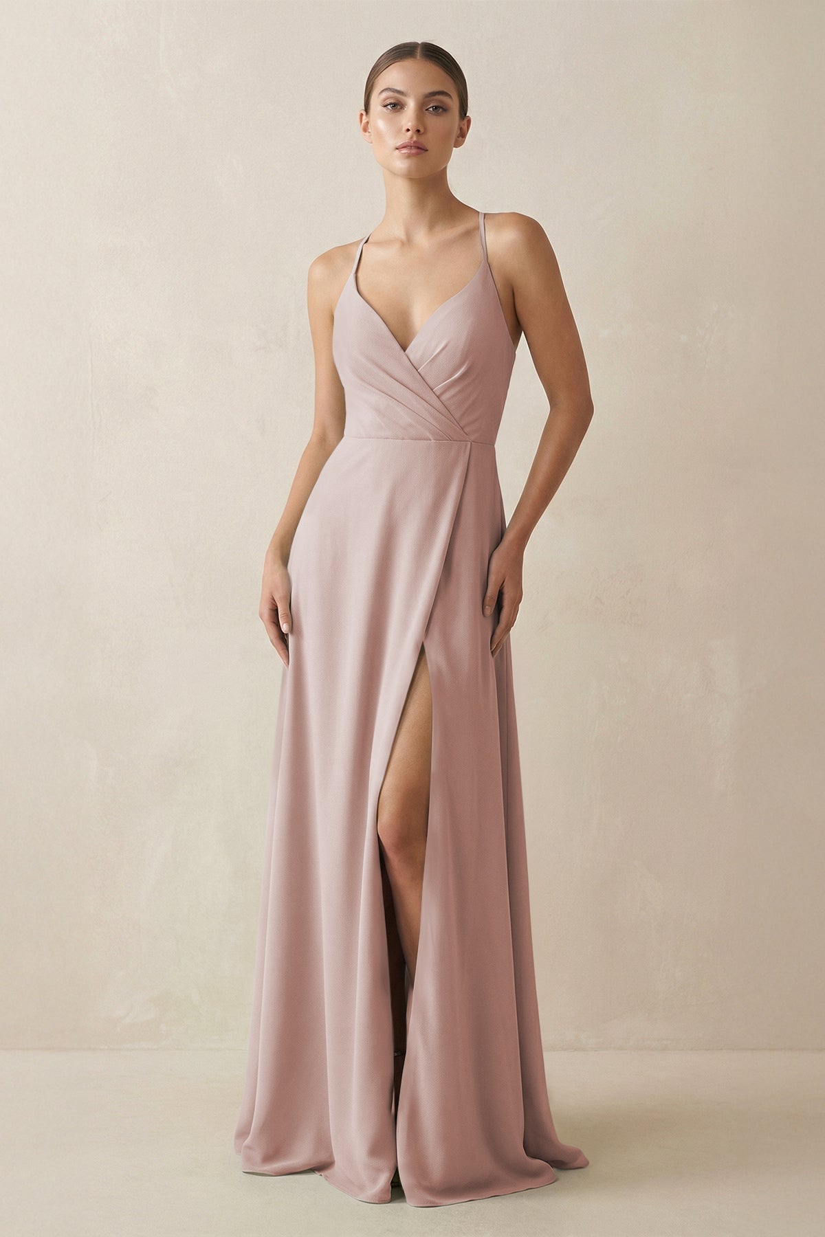 A-Line Chiffon Long Bridesmaid Dress With Slit in Toffee