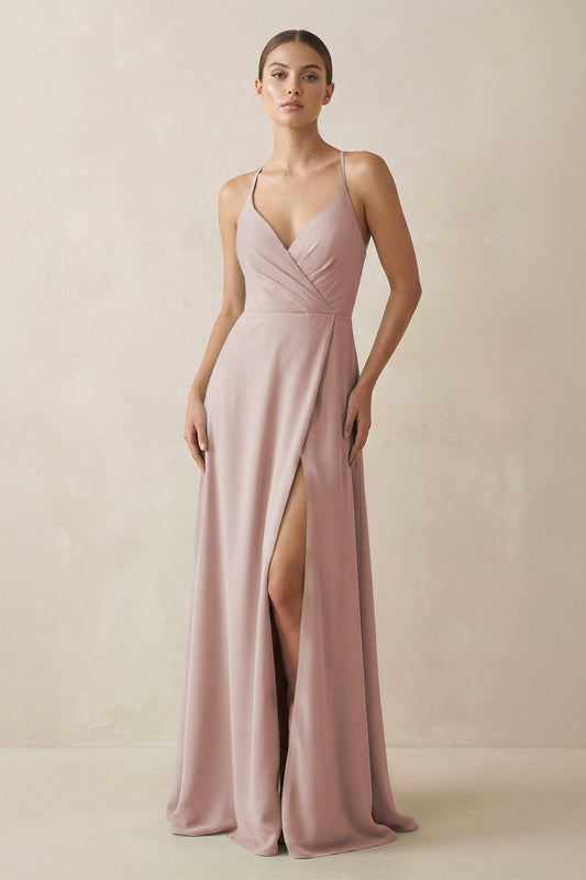 A-Line Chiffon Long Bridesmaid Dress With Slit in Toffee