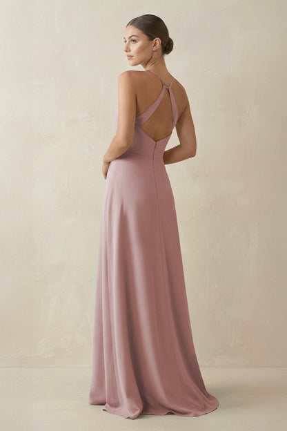 A-Line Chiffon Long Bridesmaid Dress With Slit in Toffee