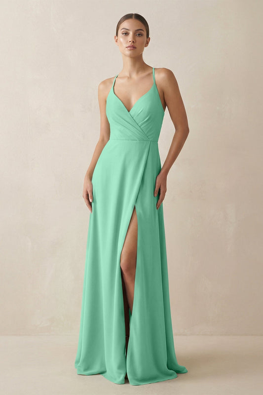 A-Line Chiffon Long Bridesmaid Dress With Slit in Turquoise