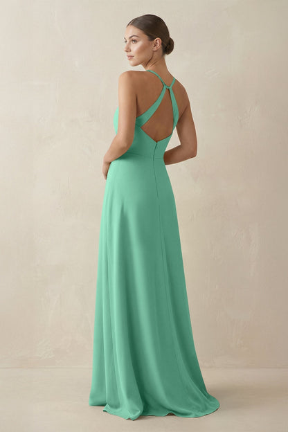 A-Line Chiffon Long Bridesmaid Dress With Slit in Turquoise