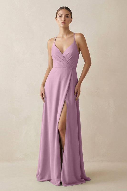 A-Line Chiffon Long Bridesmaid Dress With Slit in Wisteria