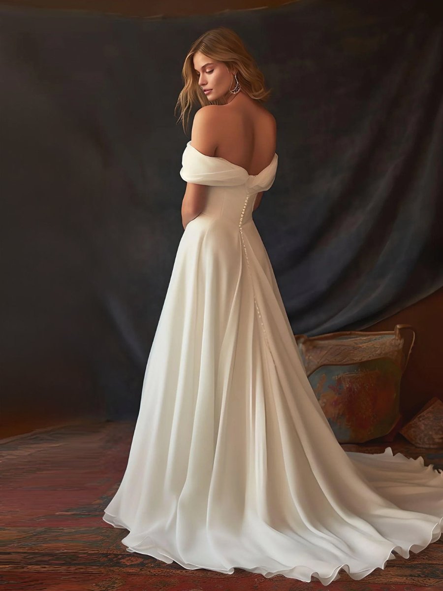 A-Line Chiffon Sleeveless Off-the-Shoulder Wedding Dress with Ruching Floor Length