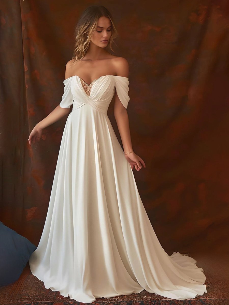 A-Line Chiffon Sleeveless Off-the-Shoulder Wedding Dress with Ruching Floor Length