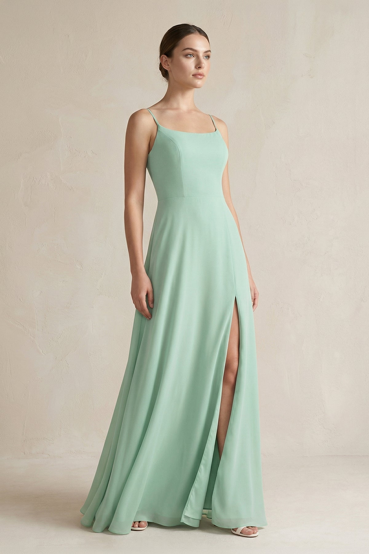 A-Line Chiffon Spaghetti Strap Bridesmaid Dress in Pale Pistachio