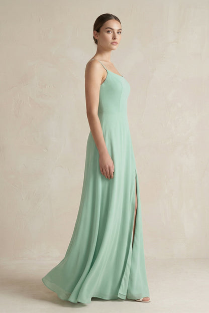 A-Line Chiffon Spaghetti Strap Bridesmaid Dress in Pale Pistachio