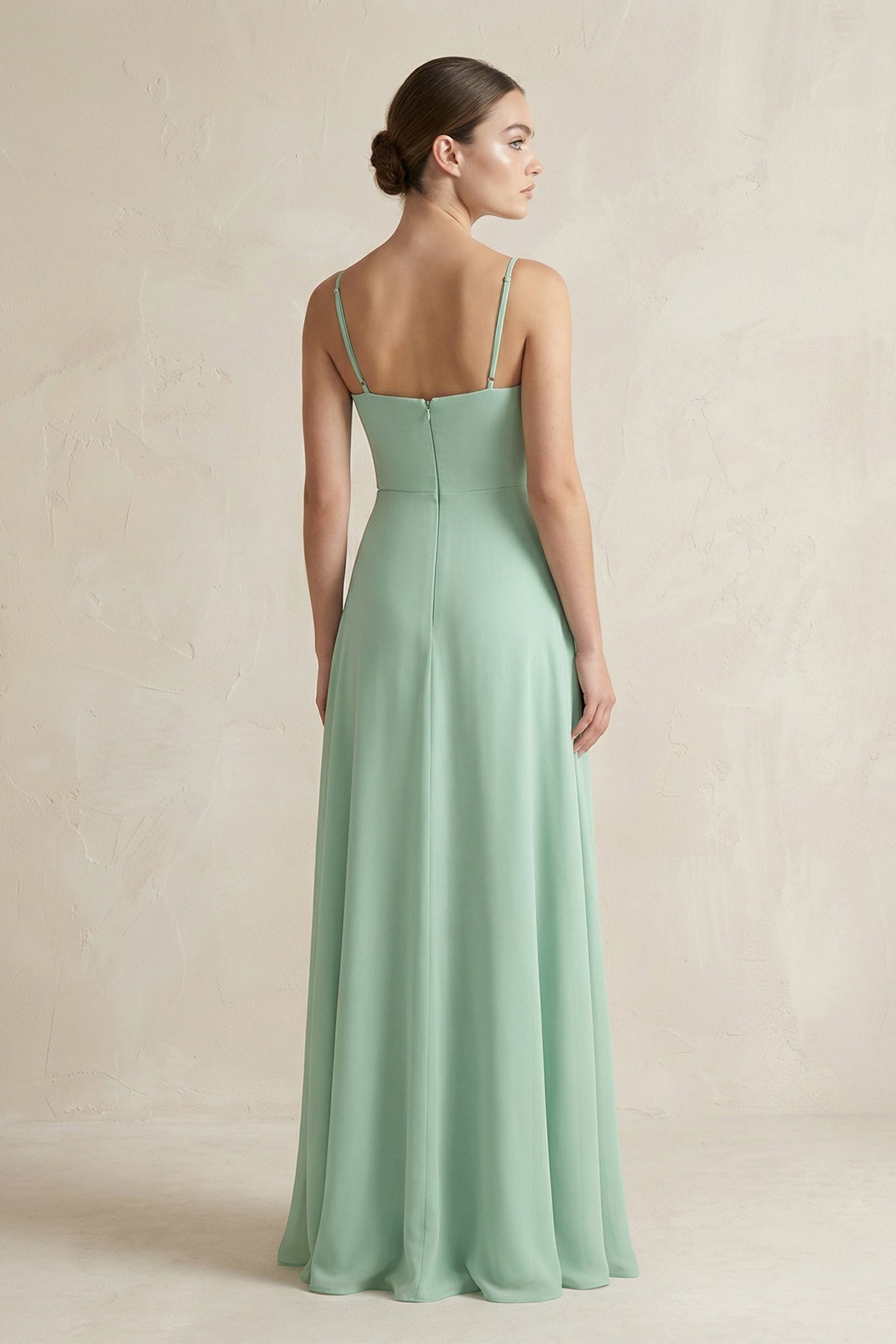 A-Line Chiffon Spaghetti Strap Bridesmaid Dress in Pale Pistachio