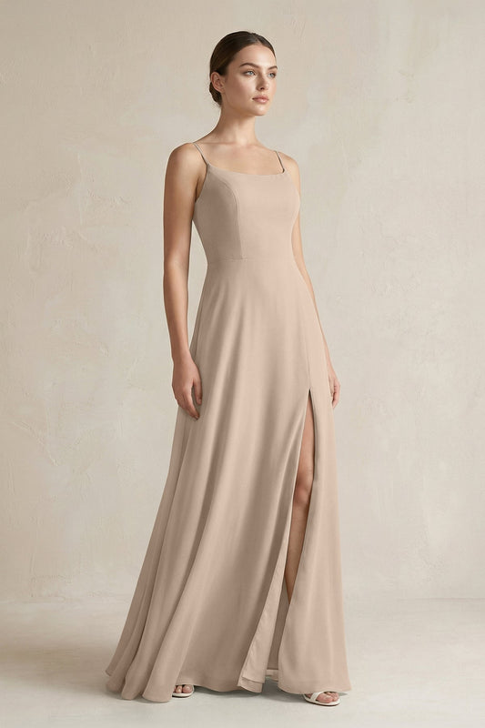 A-Line Chiffon Spaghetti Strap Bridesmaid Dress in Almond