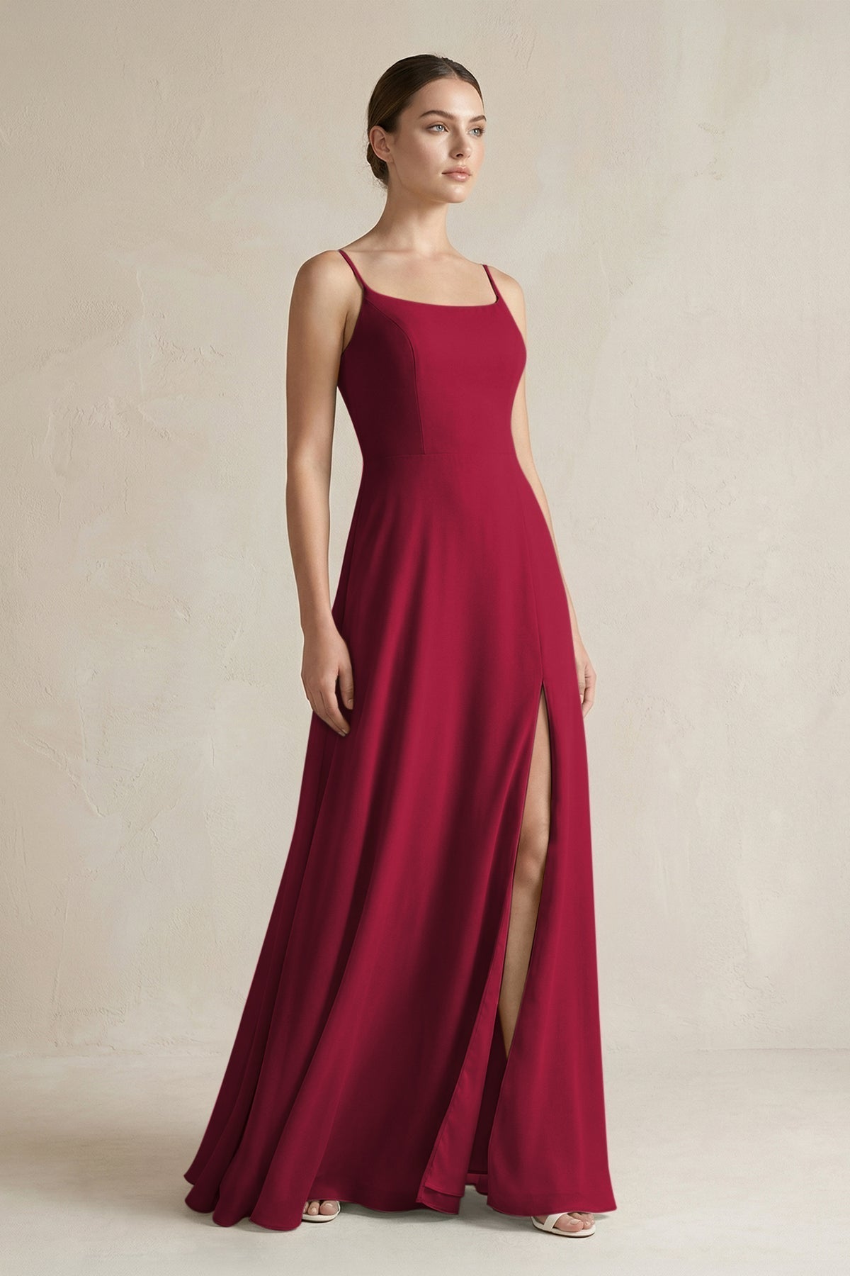 A-Line Chiffon Spaghetti Strap Bridesmaid Dress in Berry