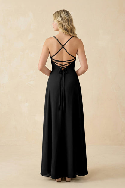 A-Line Chiffon Spaghetti Strap Bridesmaid Dress in Black