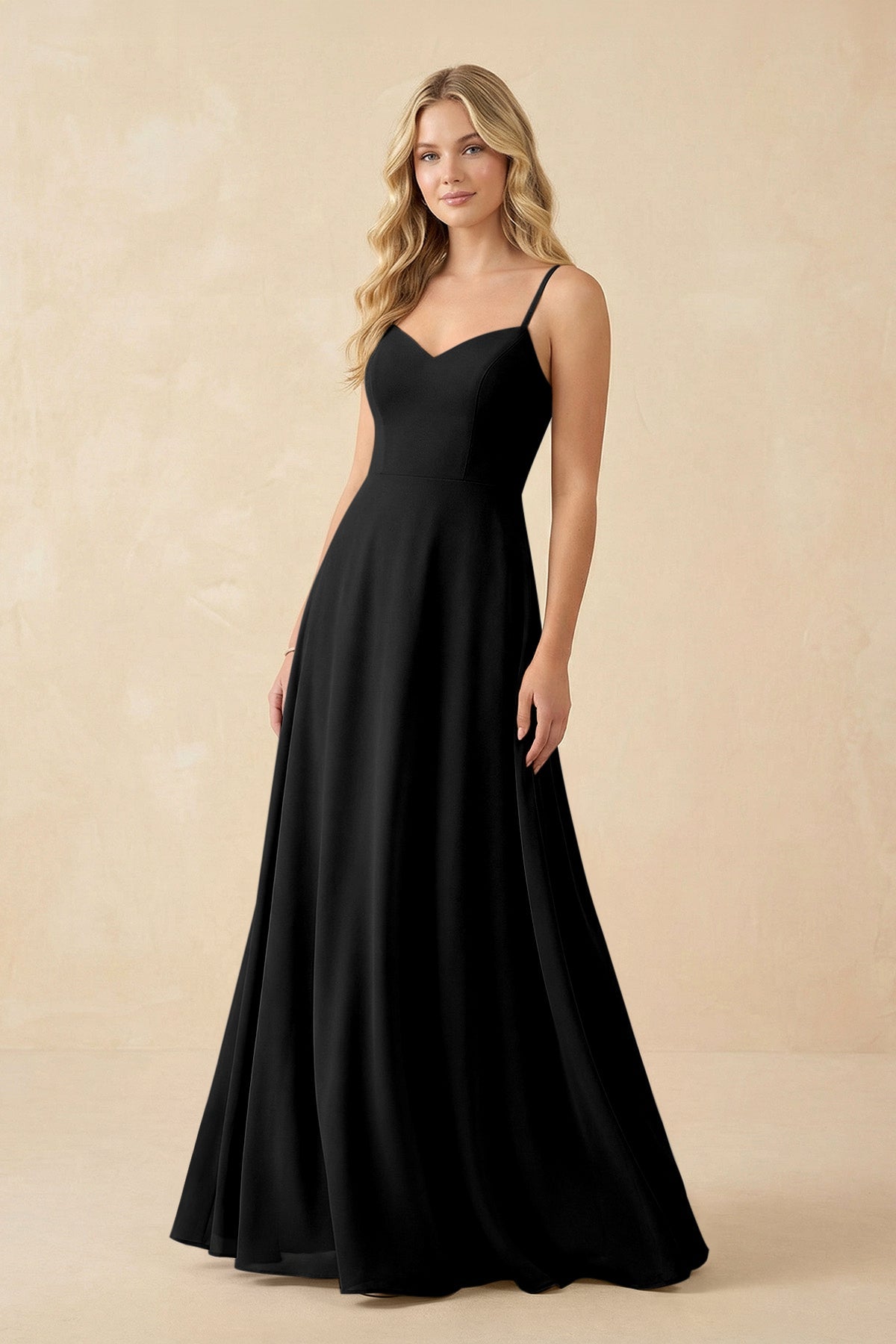 A-Line Chiffon Spaghetti Strap Bridesmaid Dress in Black