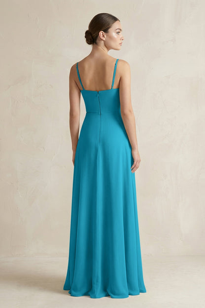 A-Line Chiffon Spaghetti Strap Bridesmaid Dress in Blue Jay