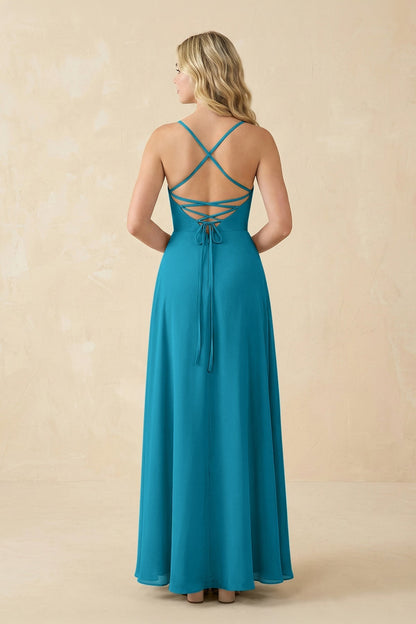 A-Line Chiffon Spaghetti Strap Bridesmaid Dress in Blue Jay