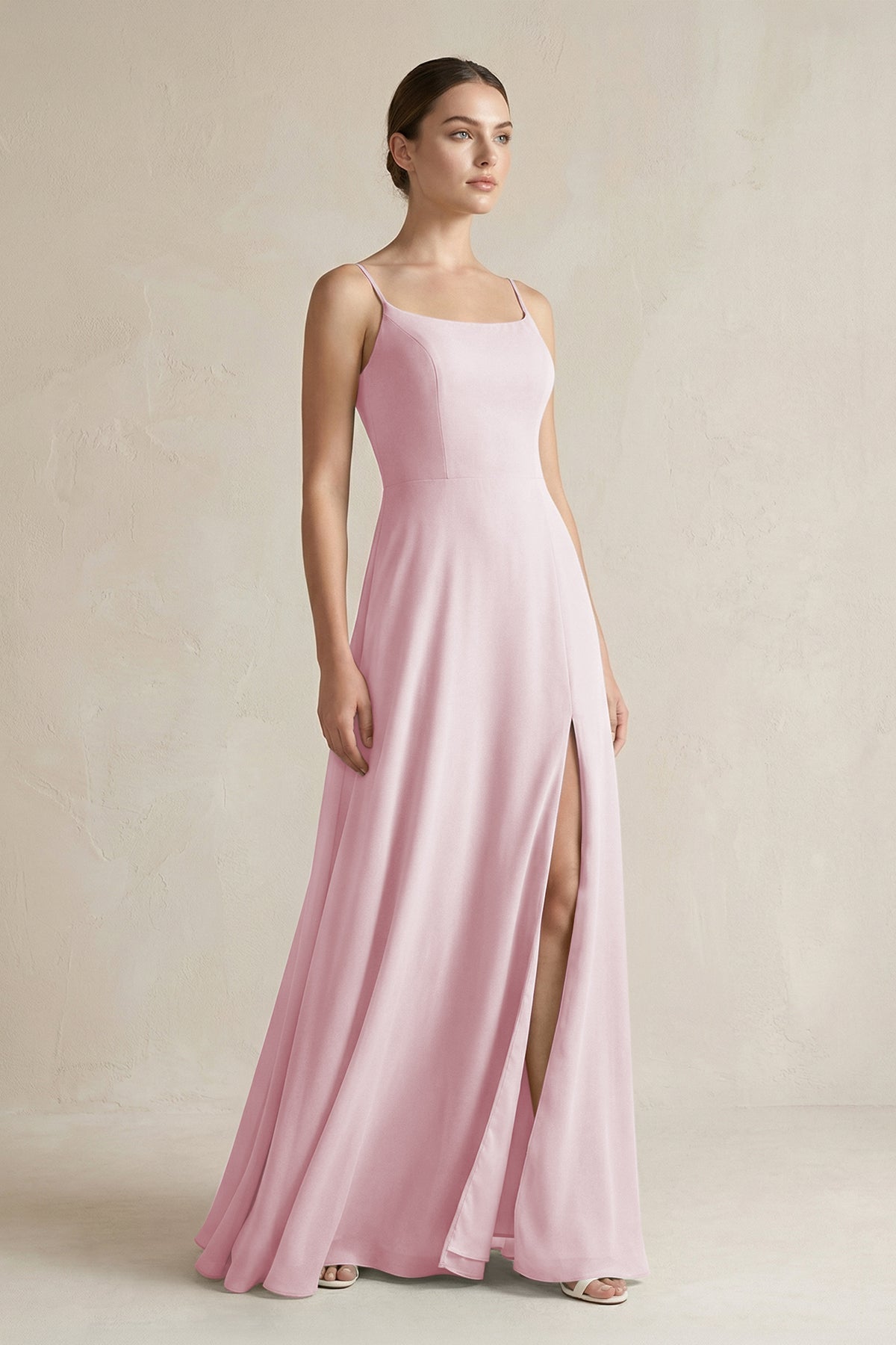 A-Line Chiffon Spaghetti Strap Bridesmaid Dress in Candy Pink