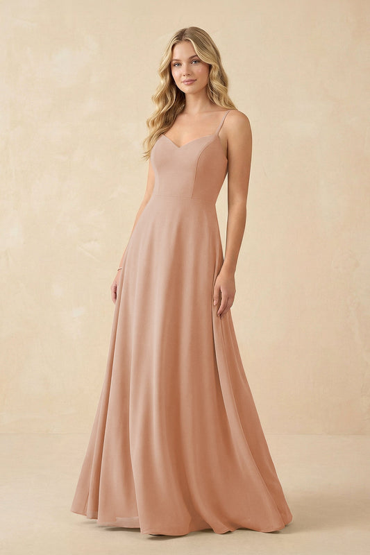 A-Line Chiffon Spaghetti Strap Bridesmaid Dress in Champagne Rose