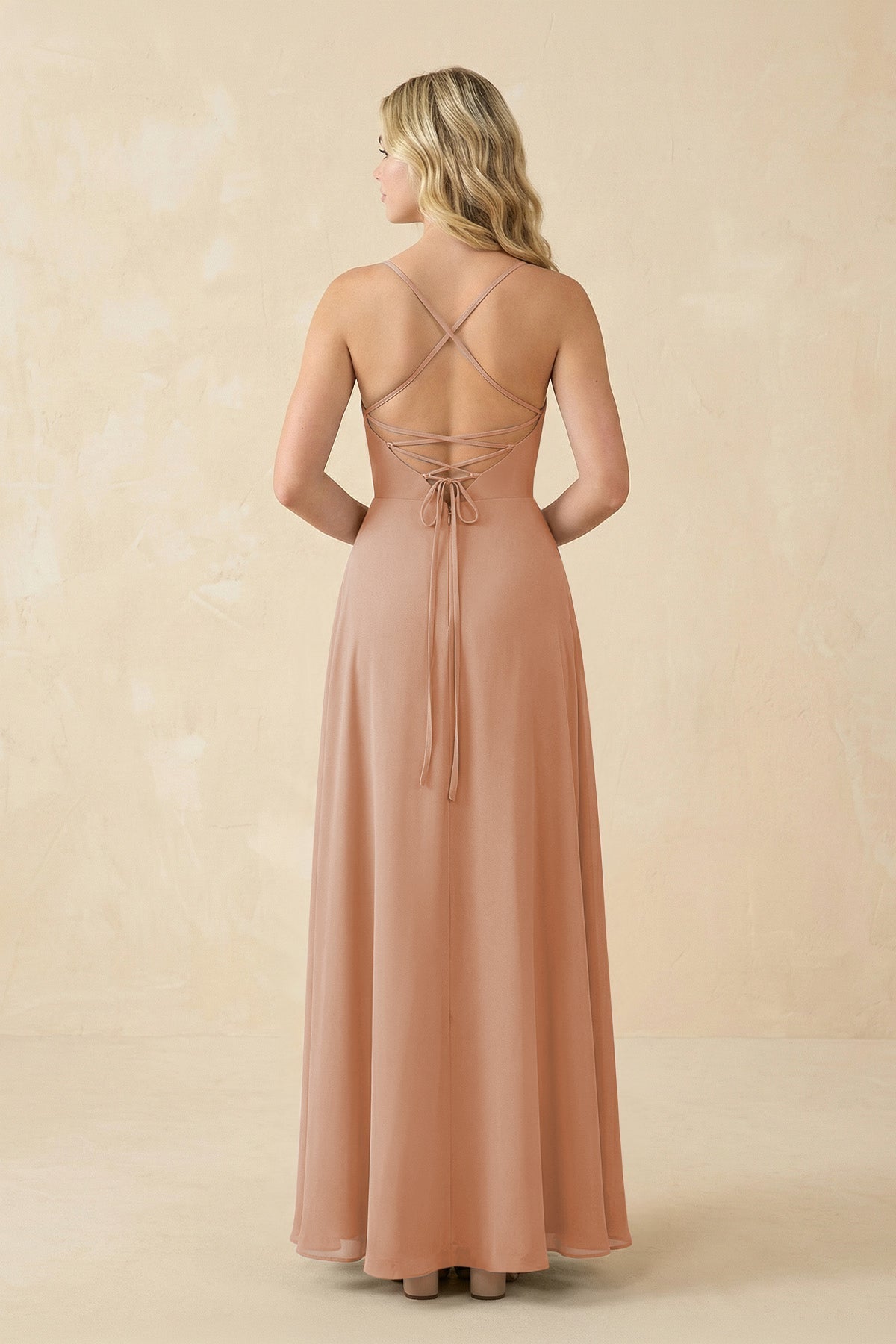 A-Line Chiffon Spaghetti Strap Bridesmaid Dress in Champagne Rose