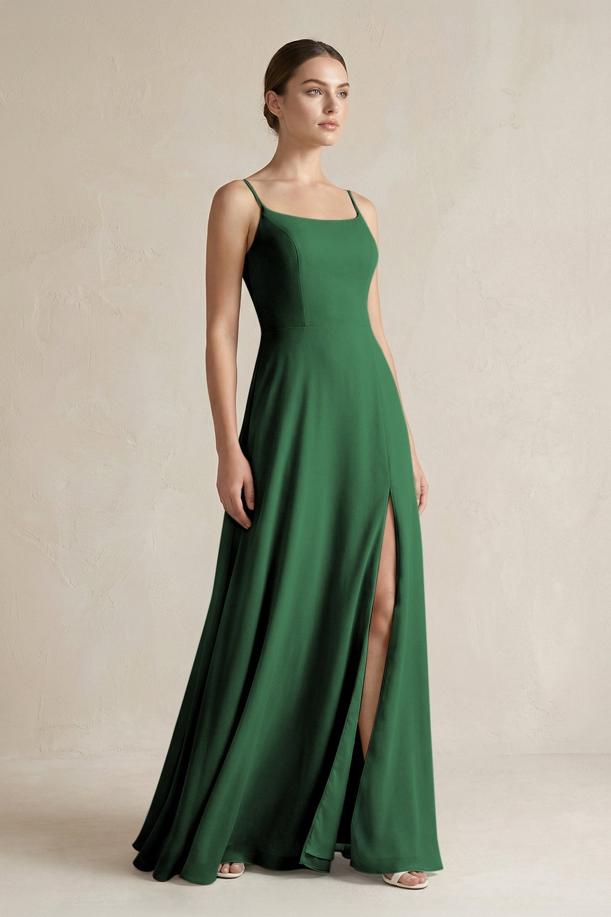 A-Line Chiffon Spaghetti Strap Bridesmaid Dress in Dark Green