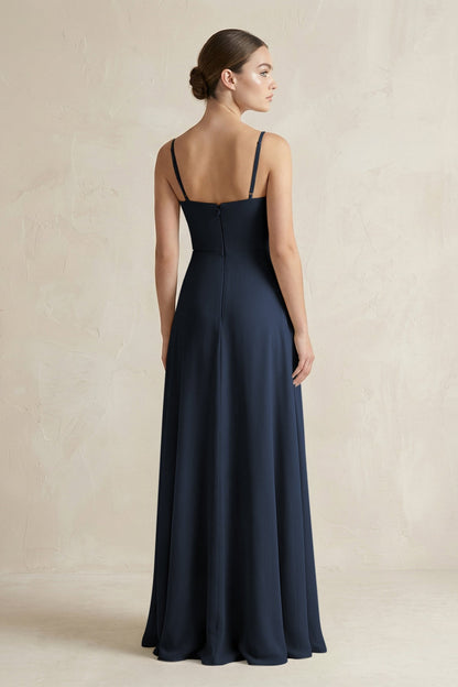 A-Line Chiffon Spaghetti Strap Bridesmaid Dress in Dark Navy