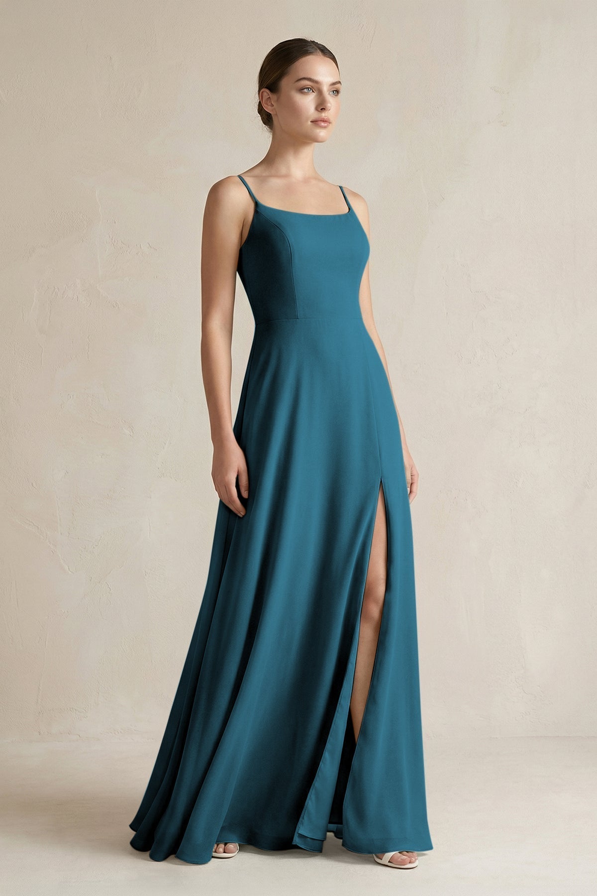 A-Line Chiffon Spaghetti Strap Bridesmaid Dress in Dark Teal
