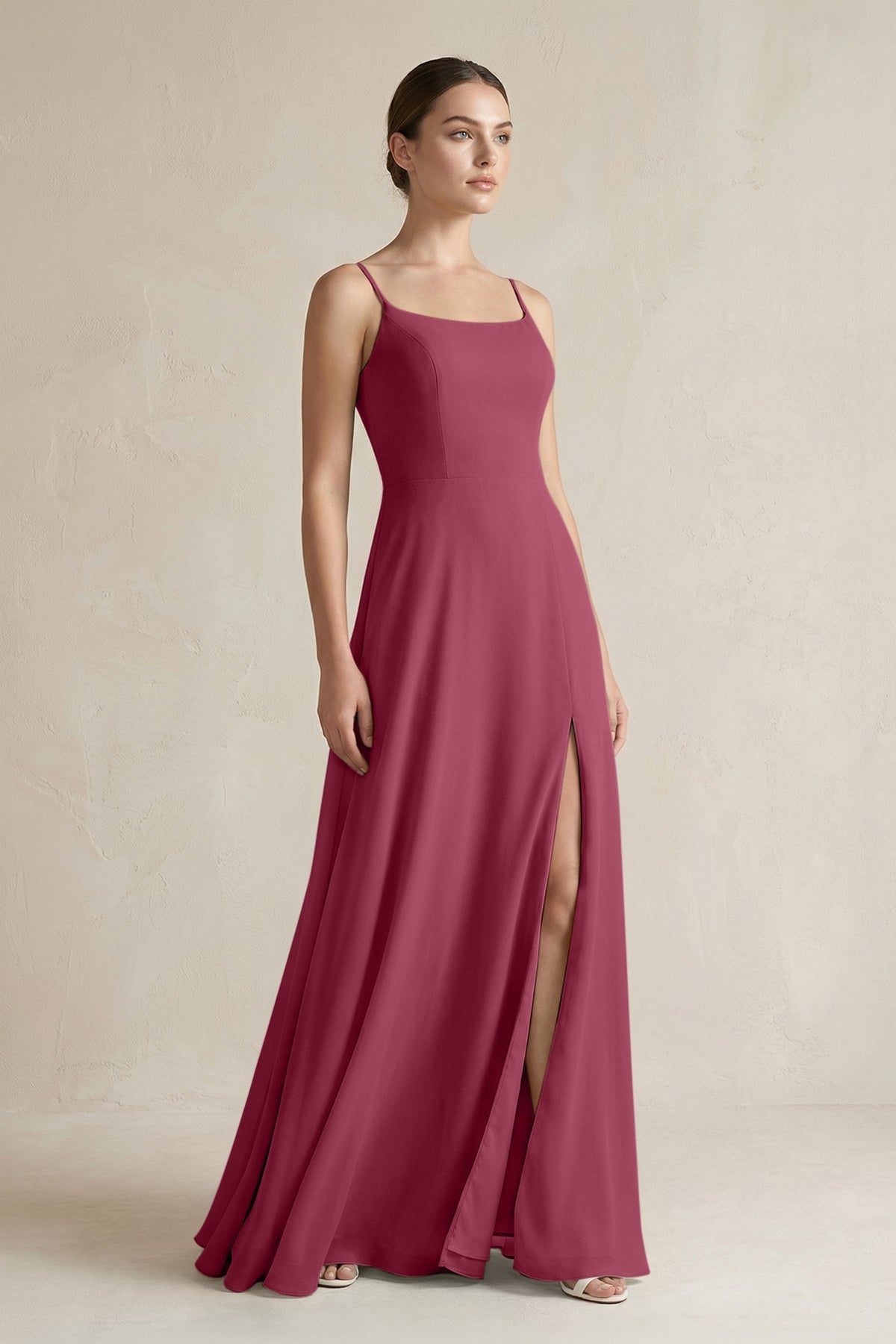A-Line Chiffon Spaghetti Strap Bridesmaid Dress in Desert Rose