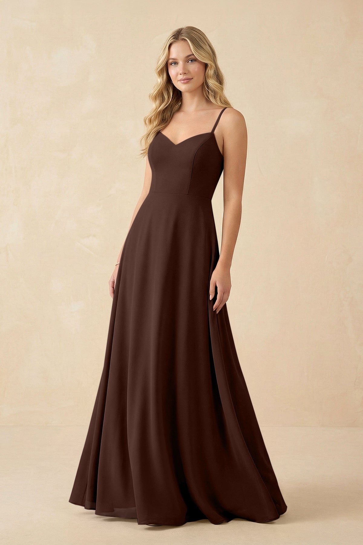 A-Line Chiffon Spaghetti Strap Bridesmaid Dress in Espresso