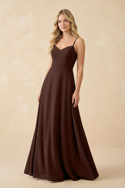 A-Line Chiffon Spaghetti Strap Bridesmaid Dress in Espresso