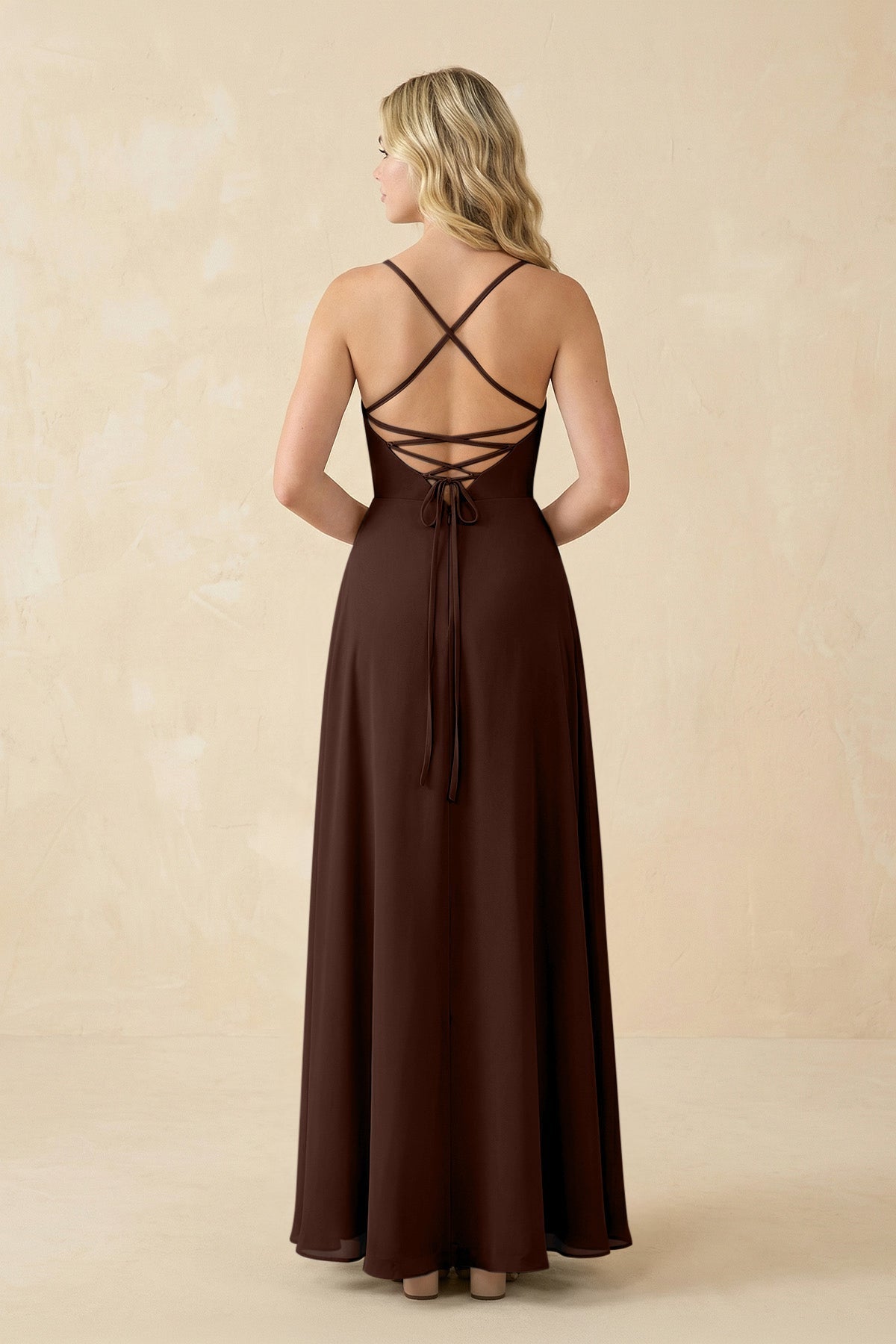 A-Line Chiffon Spaghetti Strap Bridesmaid Dress in Espresso