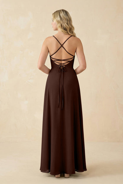 A-Line Chiffon Spaghetti Strap Bridesmaid Dress in Espresso