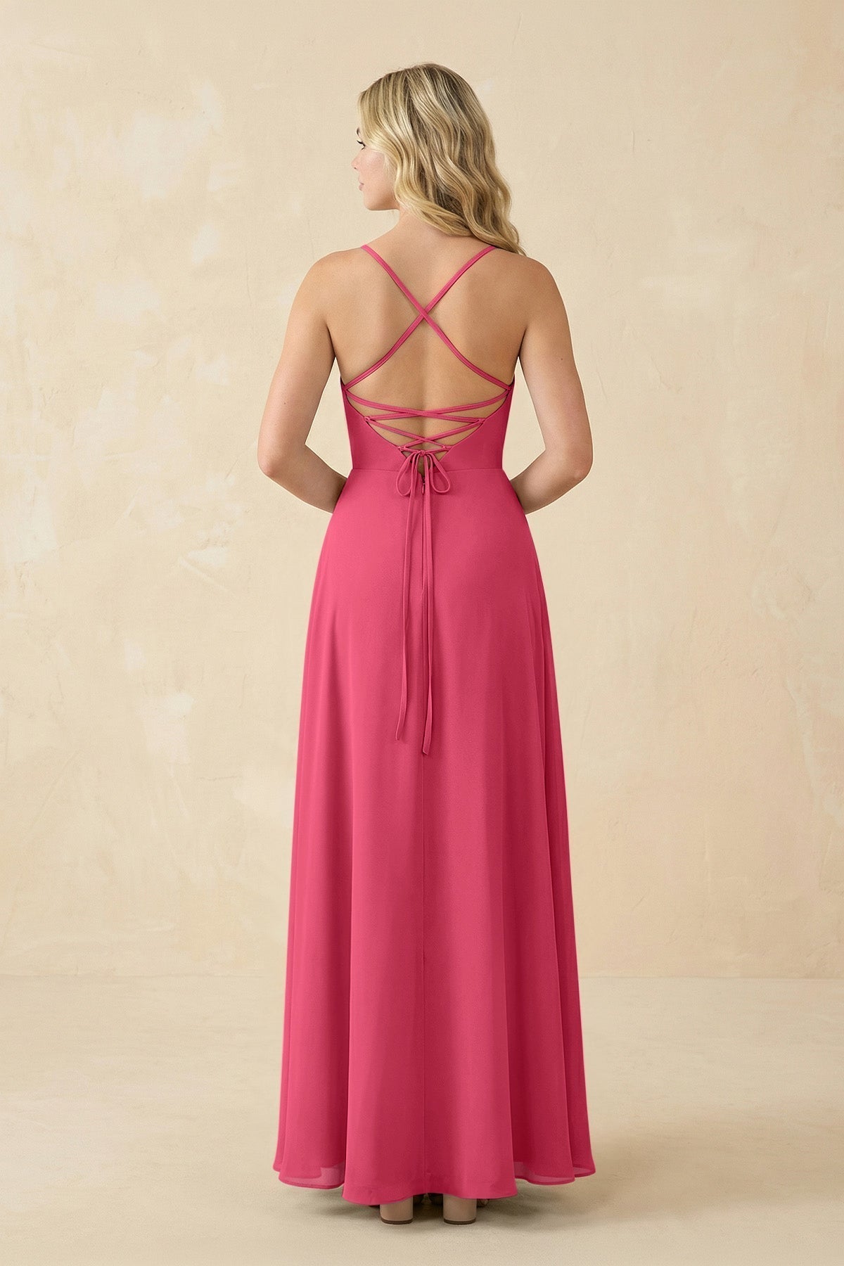 A-Line Chiffon Spaghetti Strap Bridesmaid Dress in Fuchsia