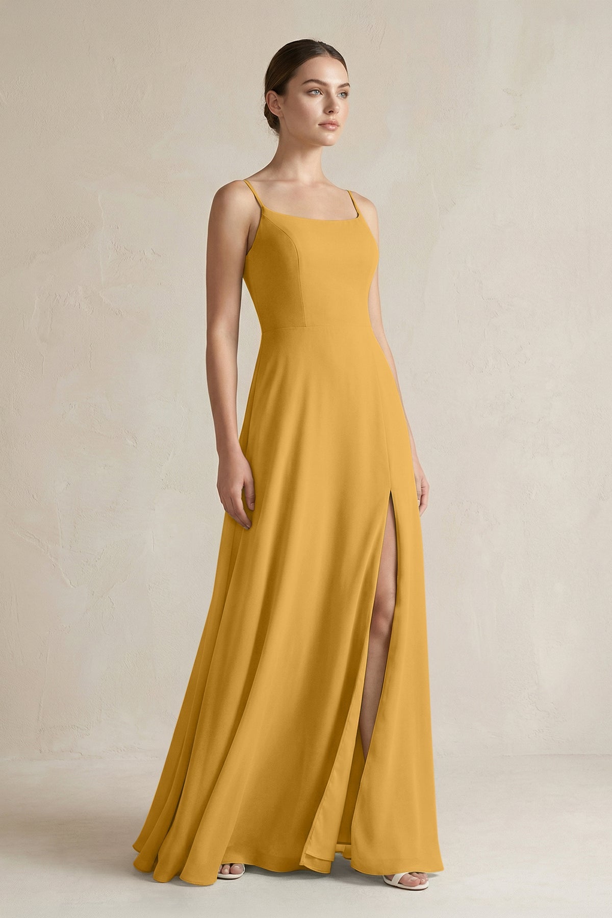 A-Line Chiffon Spaghetti Strap Bridesmaid Dress in Marigold