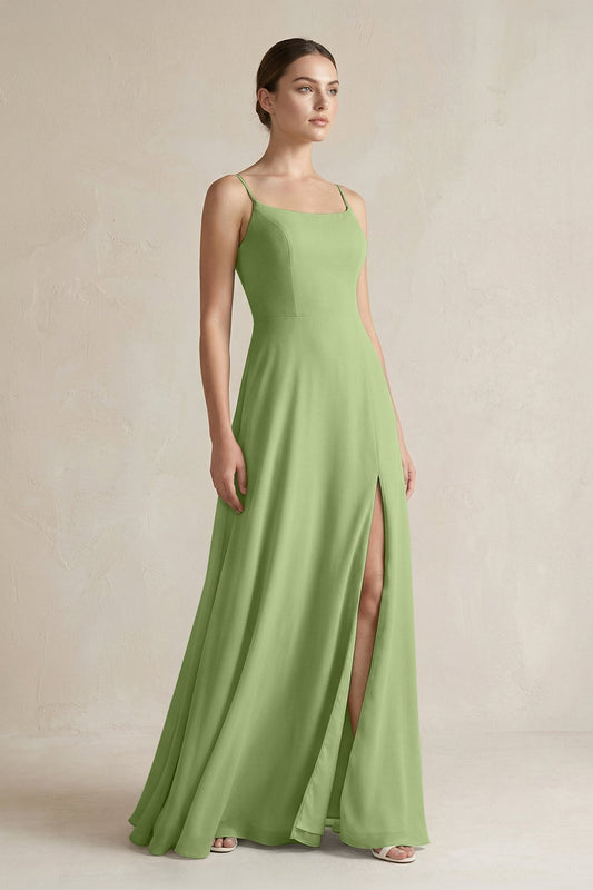 A-Line Chiffon Spaghetti Strap Bridesmaid Dress in Matcha